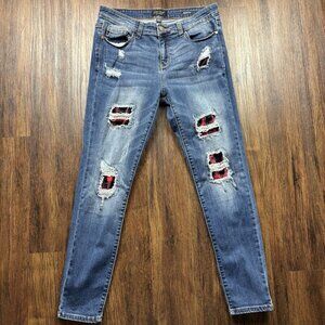 Judy Blue JB8268DK Distressed Buffalo Plaid Skinny Jeans Medium Wash Size 13/31